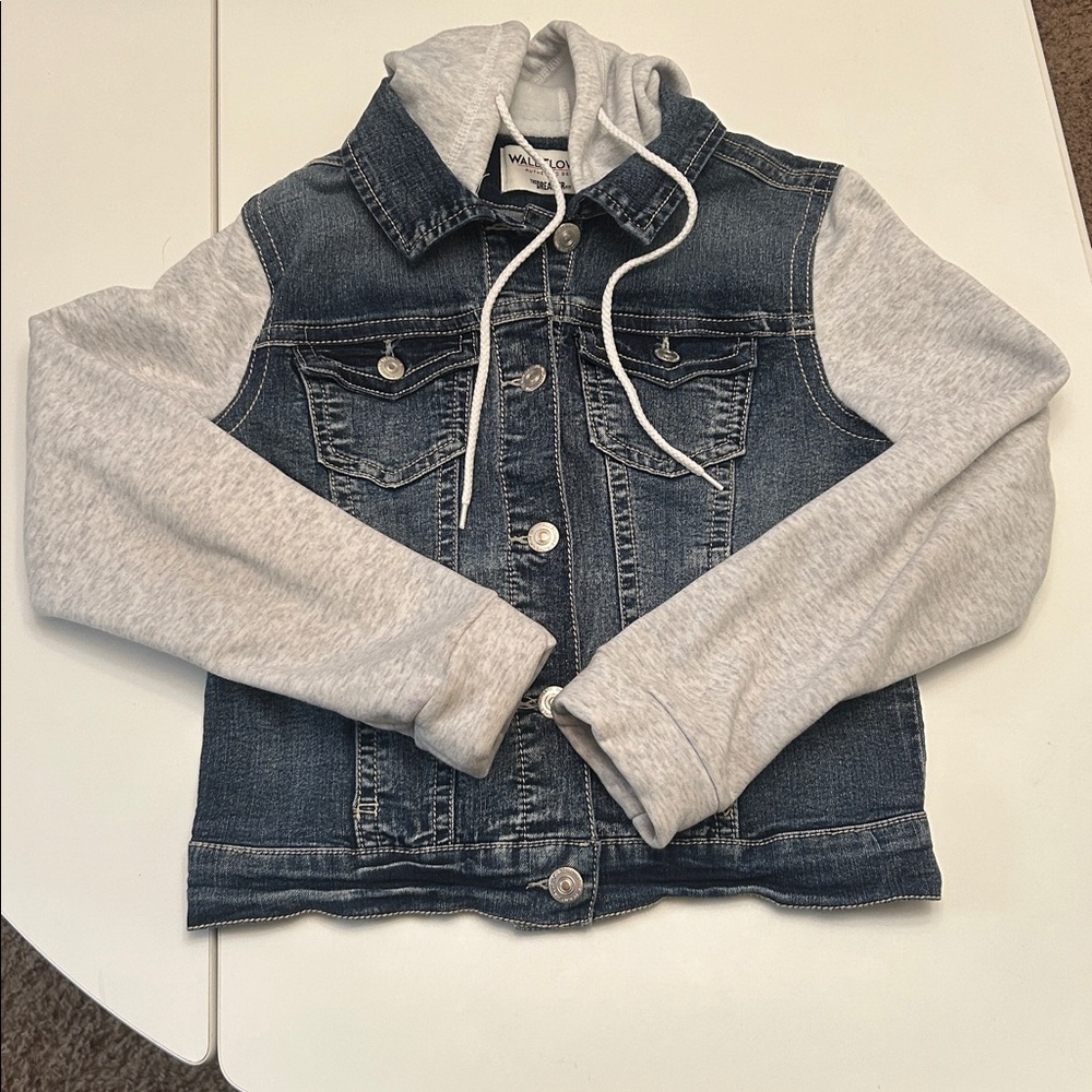 Wallflower Juniors Denim Jacket with Knit Sleeves and Hood Medium